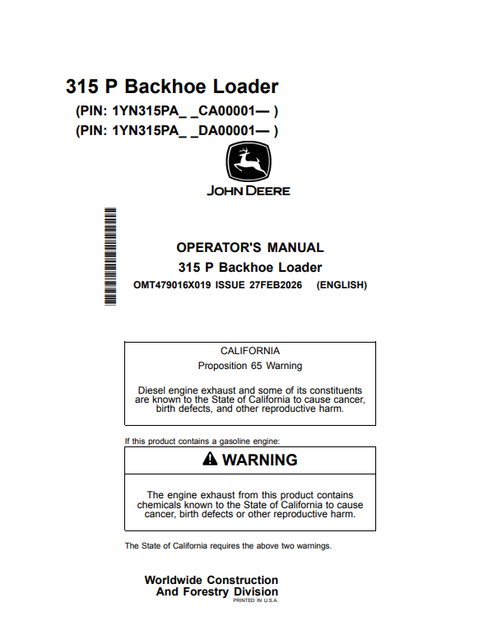 John Deere 315 P Backhoe Loader Operator Manual OMT479016X019