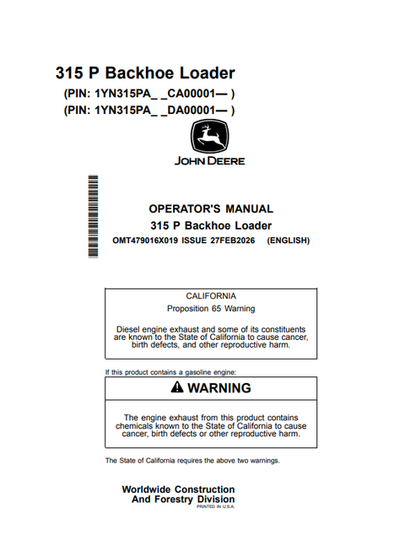 John Deere 315 P Backhoe Loader Operator Manual OMT479016X019
