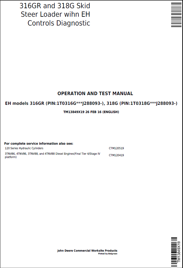 John Deere 316GR and 318G Steer Loader Operation and Test Manual TM13849X19 PDF 