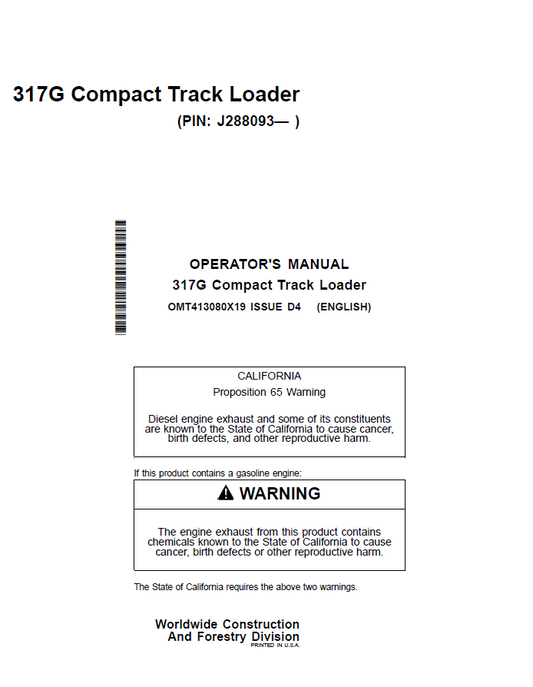 John Deere 317G Compact Track Loader Operator Manual OMT413080X19 PDF