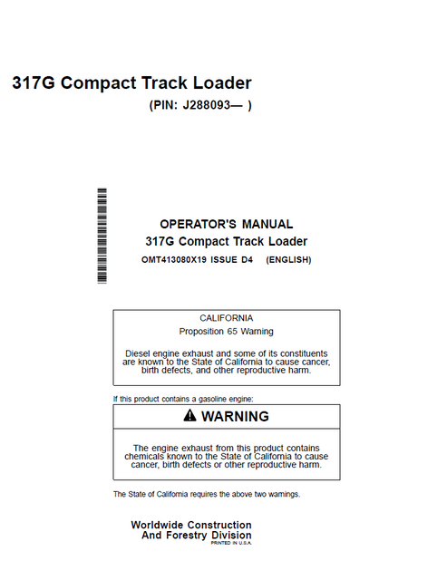 John Deere 317G Compact Track Loader Operator Manual PDF
