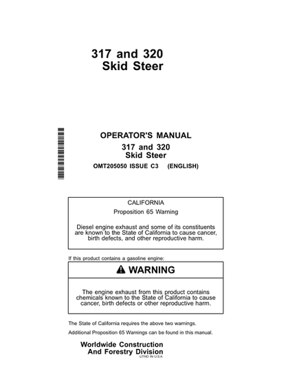 John Deere 317 320 Skid Steer Operator Manual OMT205050 PDF