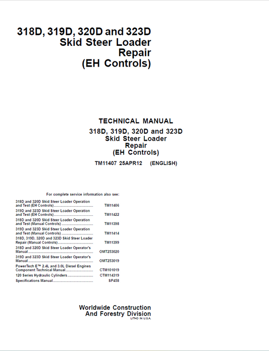 John Deere 318D, 319D, 320D and 323D Loader Technical Manual TM11407 PDF
