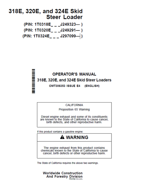 John Deere 318E 320E 324E Skid Steer Loader Operator Manual PDF