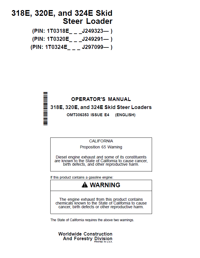 John Deere 318E, 320E, and 324E Skid Steer Loaders Operator Manual OMT306353 PDF
