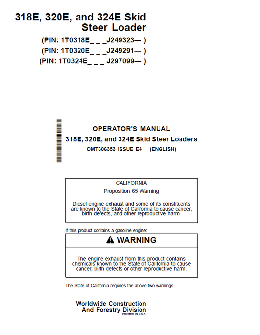 John Deere 318E, 320E, and 324E Skid Steer Loaders Operator Manual OMT306353 PDF