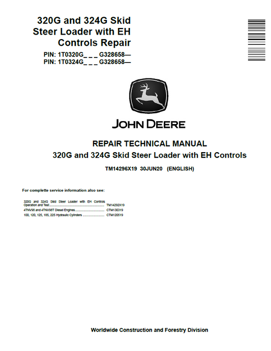 John Deere 320G and 324G Skid Steer Loader with EH Controls Repair Technical Manual TM14296X19 PDF