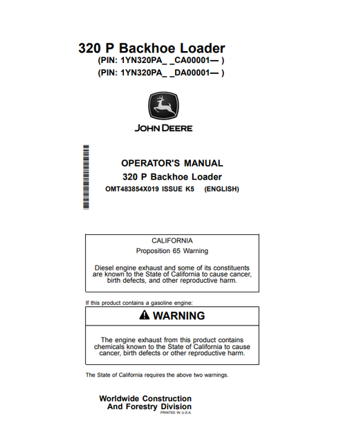 John Deere 320 P Backhoe Loader Operator Manual OMT483854X019