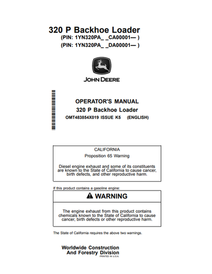 John Deere 320 P Backhoe Loader Operator Manual OMT483854X019