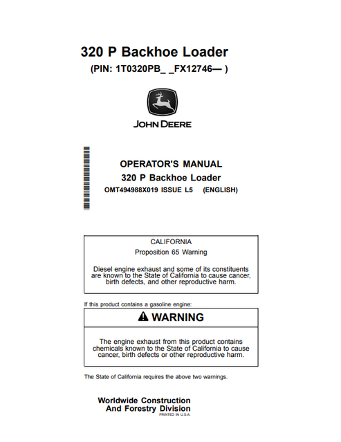 John Deere 320 P Backhoe Loader Operator Manual OMT494988X019