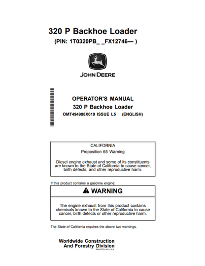 John Deere 320 P Backhoe Loader Operator Manual OMT494988X019