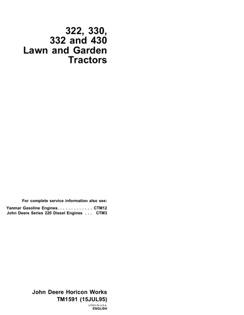 John Deere 322 330 332 430 Lawn & Garden Tractor Technical Manual