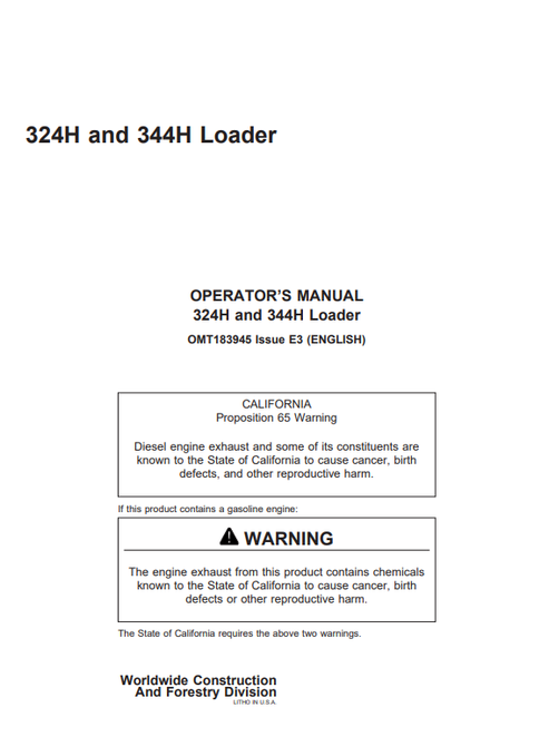 John Deere 324H & 344H Loader Operator Manual OMT183945