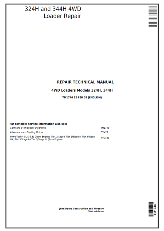 John Deere 324H and 344H 4WD Loader Repair Technical Manual TM1746 PDF
