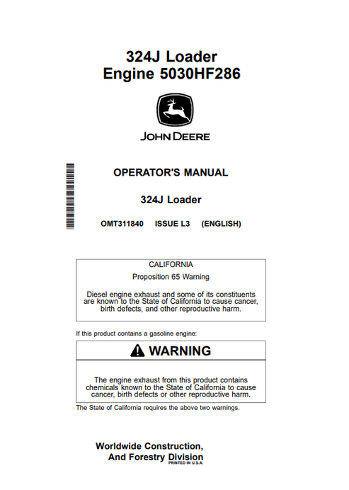 John Deere 324J Loader Operator Manual PDF OMT311840