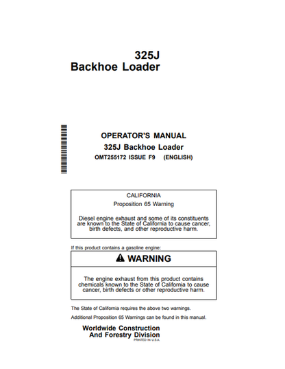 John Deere 325J Backhoe Loader Operator Manual PDF OMT255172