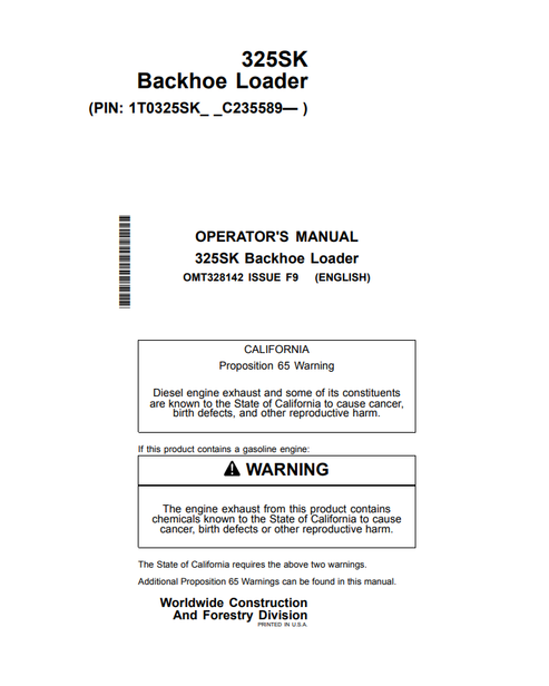 John Deere 325SK Backhoe Loader Operator Manual OMT328142