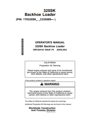 John Deere 325SK Backhoe Loader Operator Manual OMT328142
