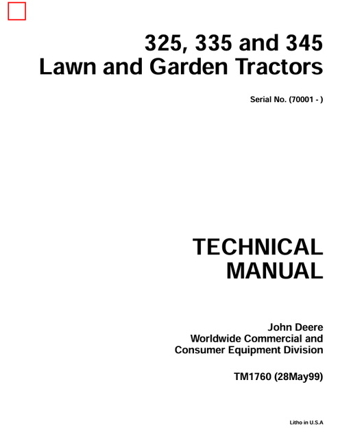 John Deere 325, 335 & 345 Lawn and Garden Tractor Technical Manual TM1760