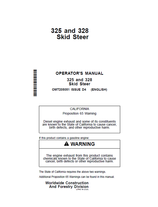 John Deere 325 and 328 Skid Steer Operator Manual OMT205051 PDF