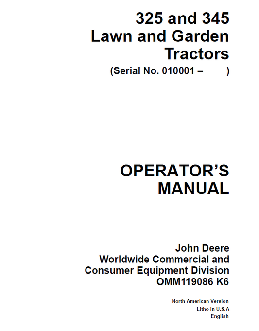 John Deere 325 and 345 Lawn and Garden Tractors Operator Manual OMM119086 PDF