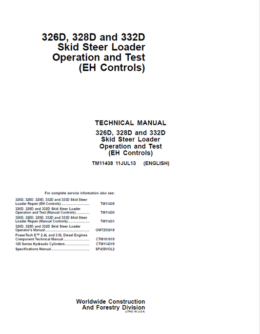John Deere 326D, 328D and 332D Skid Steer Loader Technical Manual TM11438 PDF
