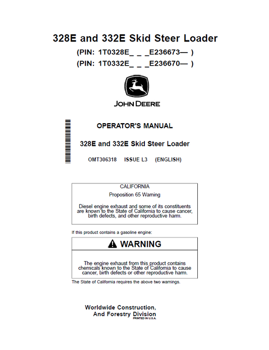 John Deere 328E and 332E Skid Steer Loader Operator Manual OMT306318 PDF