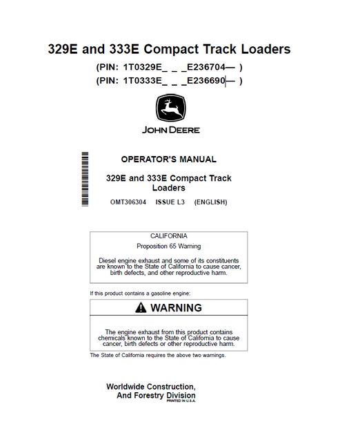 John Deere 329E 333E Compact Track Loader Operator Manual PDF