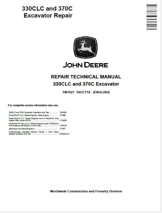 John Deere 330LC and 370C Excavator Repair Technical Manual TM1927 PDF