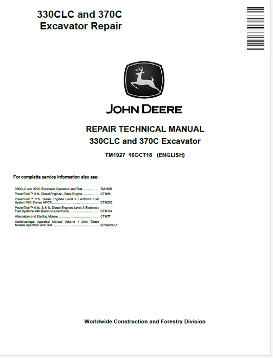 John Deere 330LC and 370C Excavator Repair Technical Manual TM1927 PDF