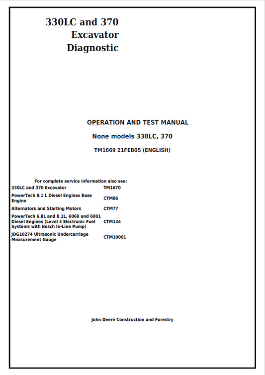John Deere 330LC and 370 Excavator Diagnostic Operation and Test Manual TM1669