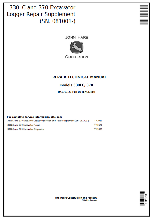 John Deere 330LC and 370 Excavator Logger Repair Supplement Technical Manual TM1911 PDF
