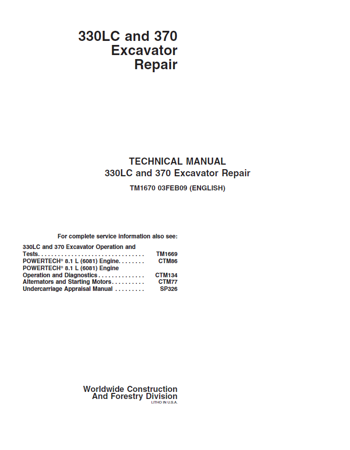 John Deere 330LC and 370 Excavator Repair Technical Manual TM1670 PDF