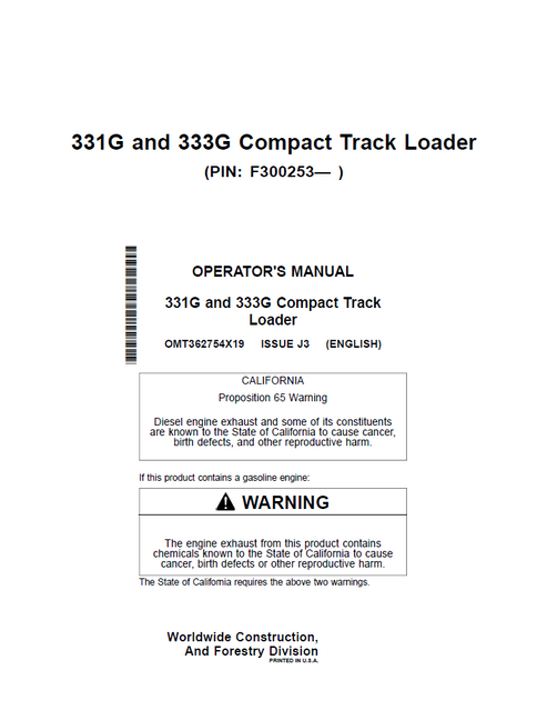 John Deere 331G 333G Compact Track Loader Operator Manual PDF