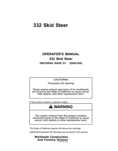 John Deere 332 Skid Steer Operator Manual OMT205052
