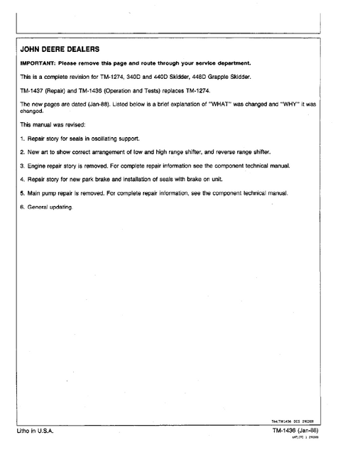 John Deere 340D 440D 448D Grapple Skidder Test Manual PDF