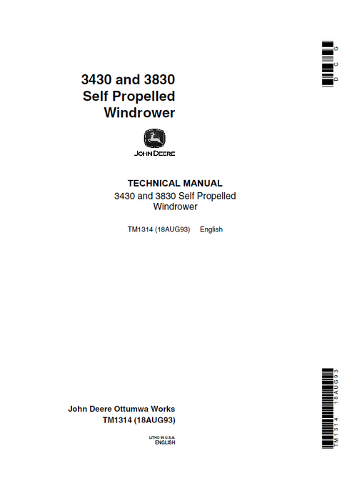 John Deere 3430 3830 Self-Propelled Windrower Technical Manual TM1314