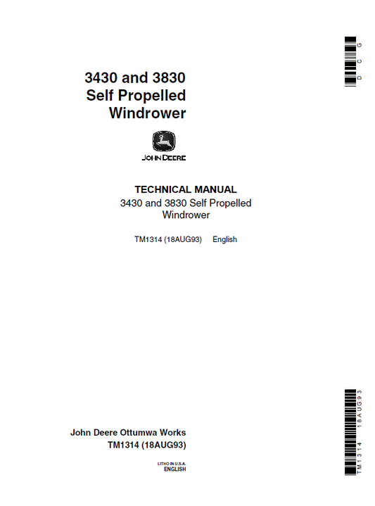 John Deere 3430 and 3830 Self Propelled Windrower Technical Manual TM1314 PDF