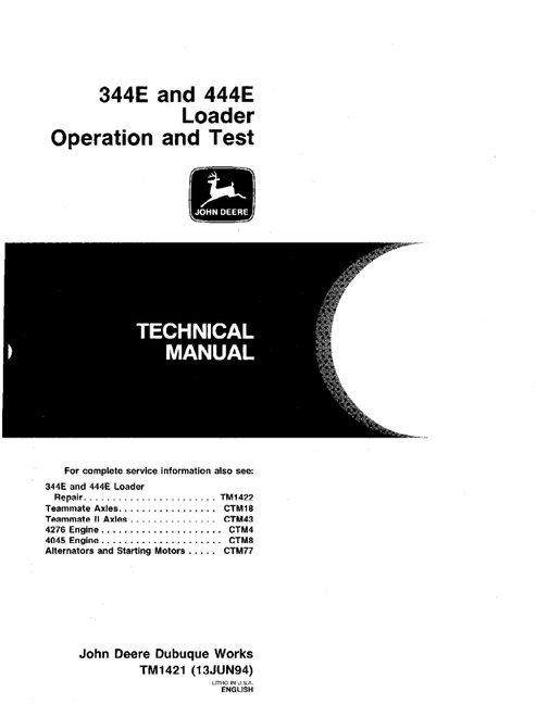John Deere 344E 444E Loader Operation & Test Manual TM1421