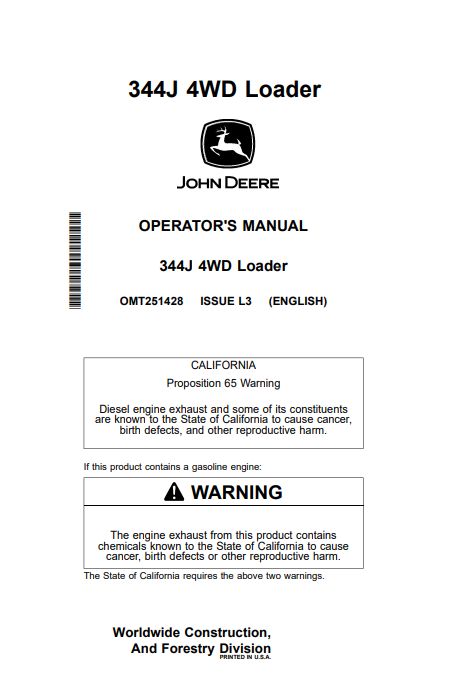 John Deere 344J 4WD Loader Operator Manual PDF OMT251428