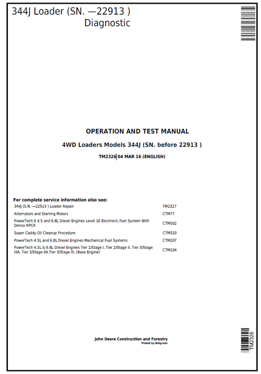 John Deere 344J Loader Diagnostic Operation and Test Manual TM2326 PDF
