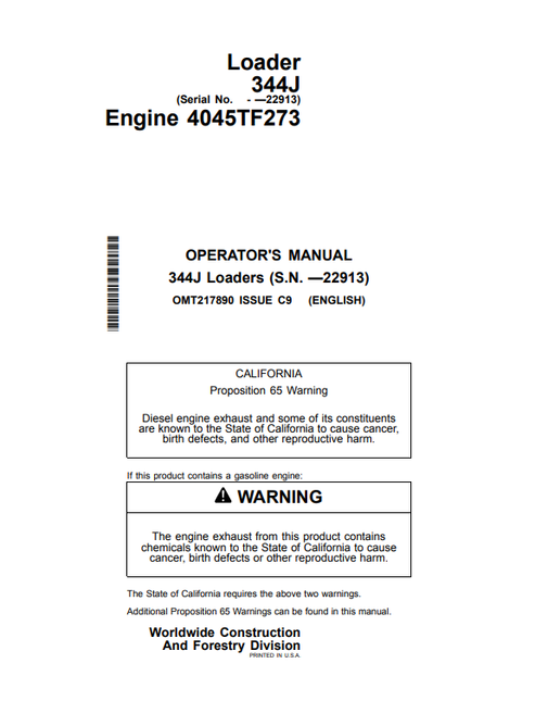 John Deere 344J Loader Operator Manual OMT217890