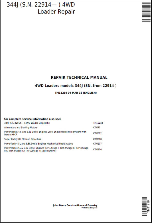 John Deere 344J Loader Repair Technical Manual TM11219 PDF