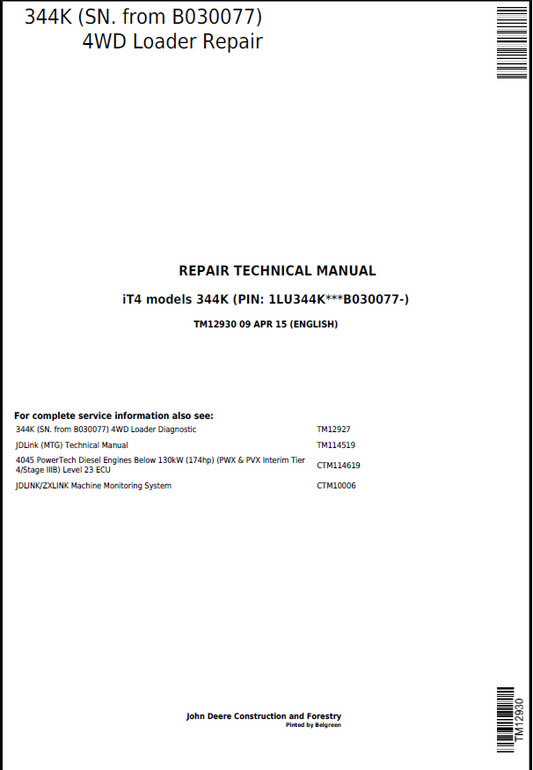 John Deere 344K 4WD Repair Technical Manual TM12930 PDF