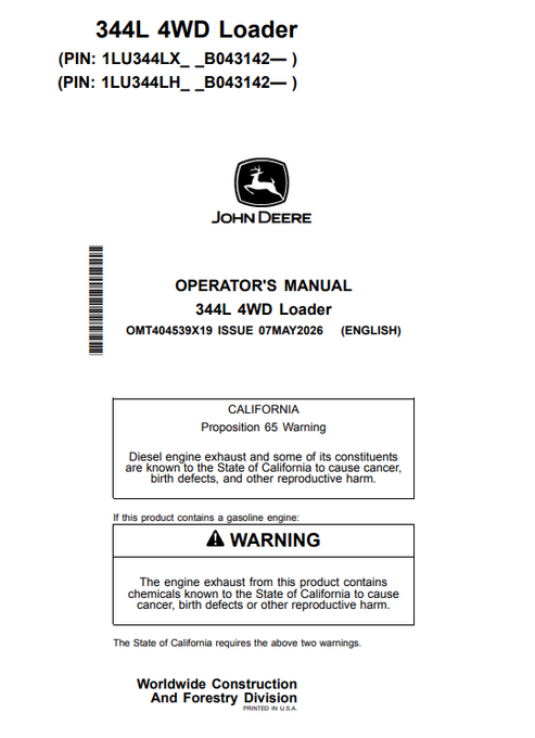 John Deere 344L 4WD Loader Operator Manual OMT404539X19