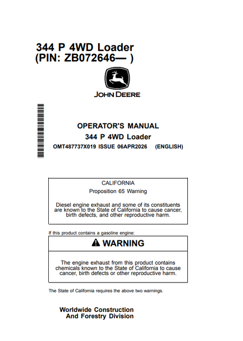 John Deere 344 P 4WD Loader Operator Manual PDF OMT487737X019