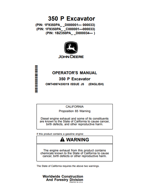 John Deere 345 Excavator Operator & Maintenance Manual OMT499743X019