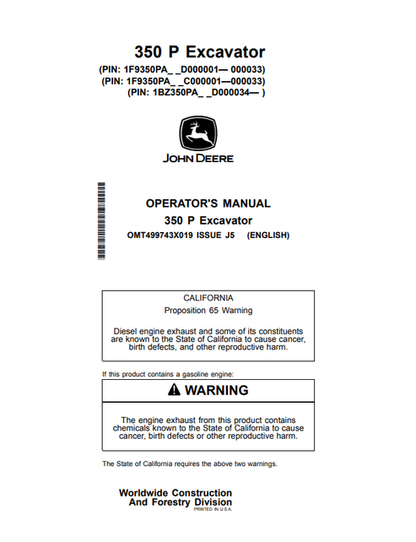 John Deere 345 Excavator Operator & Maintenance Manual OMT499743X019