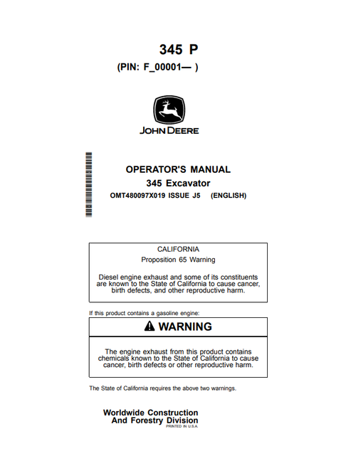 John Deere 345 P Excavator Operator & Maintenance Manual OMT480097X019
