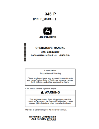 John Deere 345 P Excavator Operator & Maintenance Manual OMT480097X019